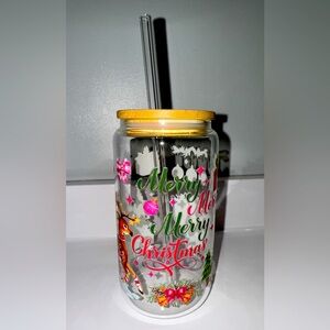 Holiday Christmas Glass Jar with Straw - Yellow Lid